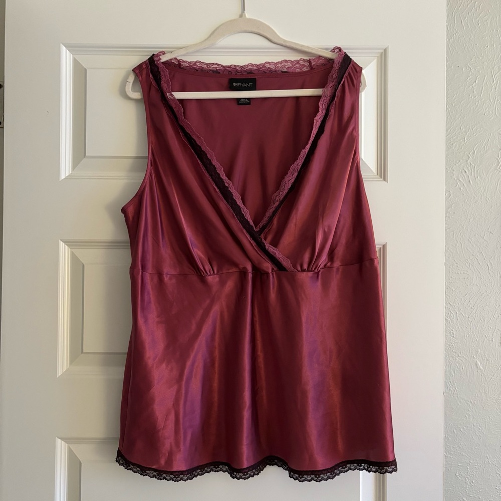Satin Lace Trim Top Plum Wine Burgundy